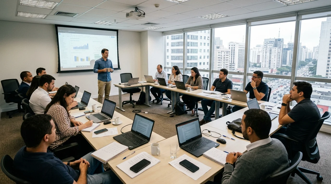 Profissionais brasileiros em reunião discutindo analytics de IA
