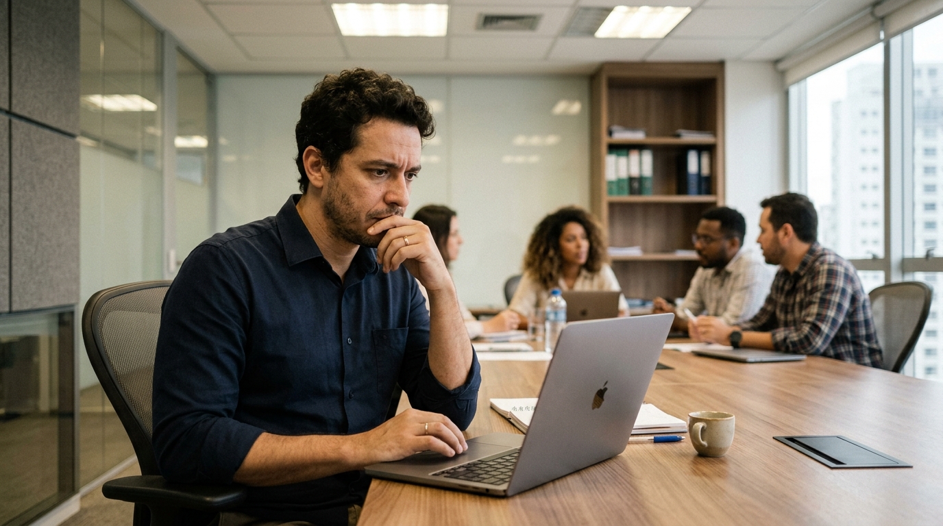 Profissional pensativo em reunião corporativa